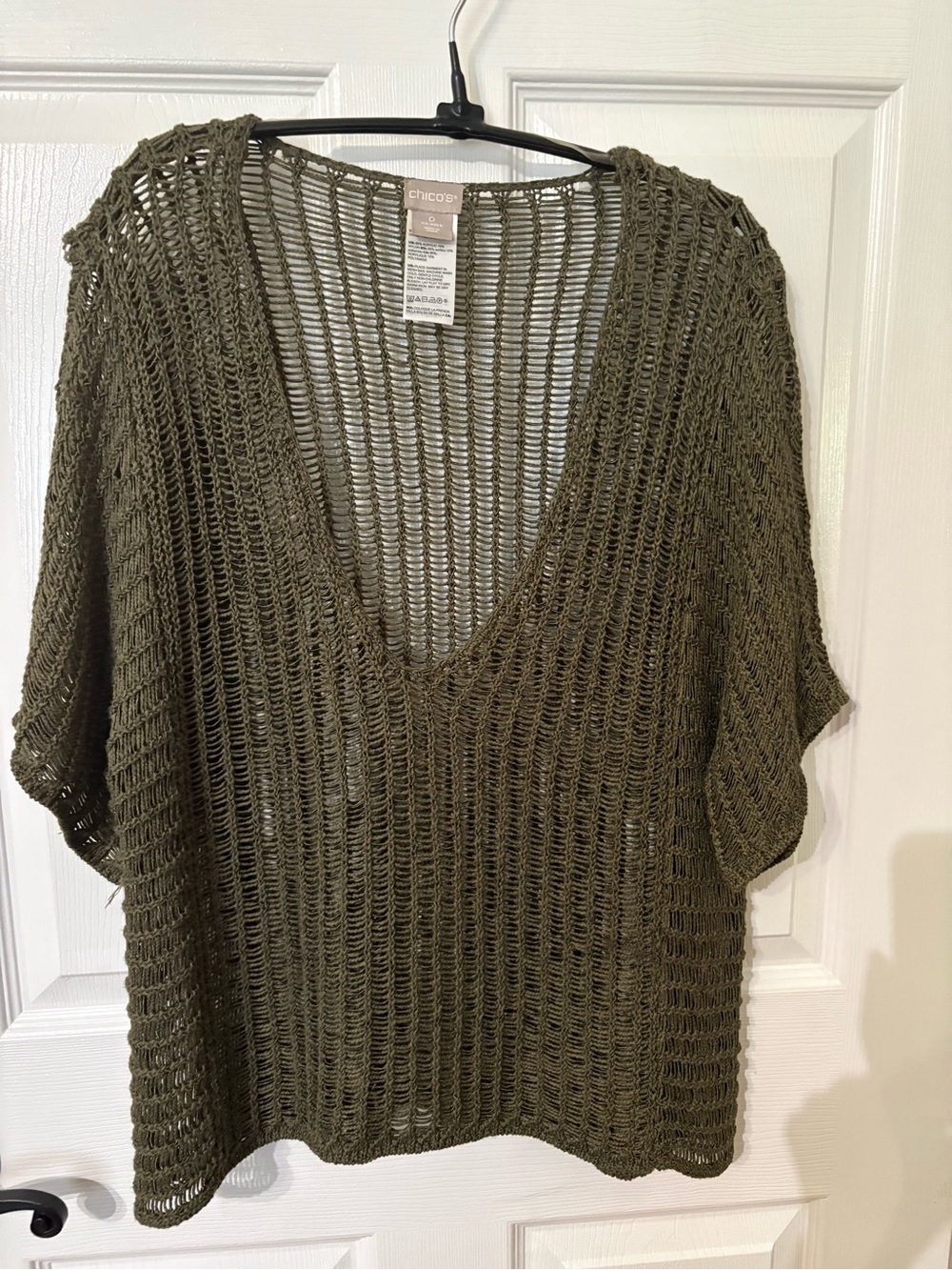 Chico's Olive Open-Weave V-Neck Boxy Sweater